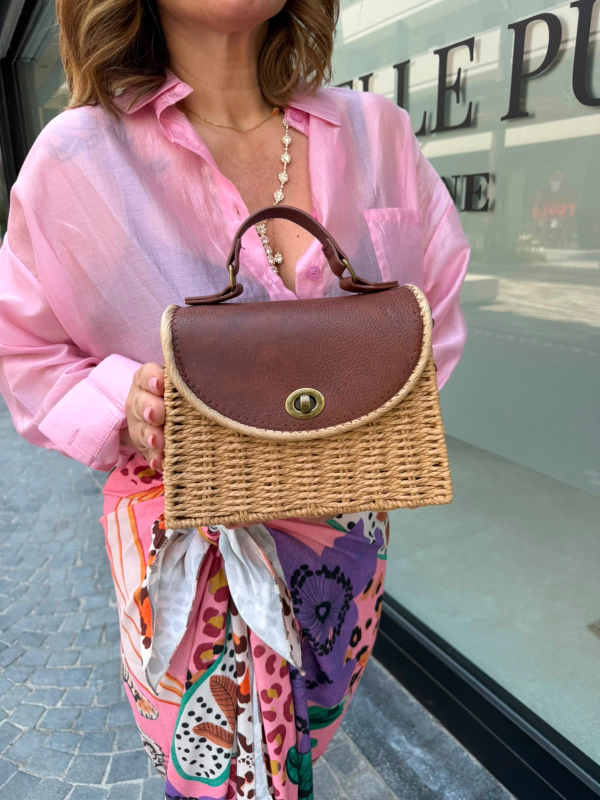 Borsa in cuoio e rafia