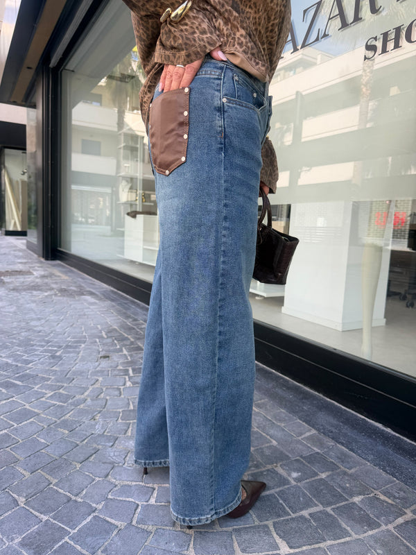 Jeans ballon chiaro tasca in pelle