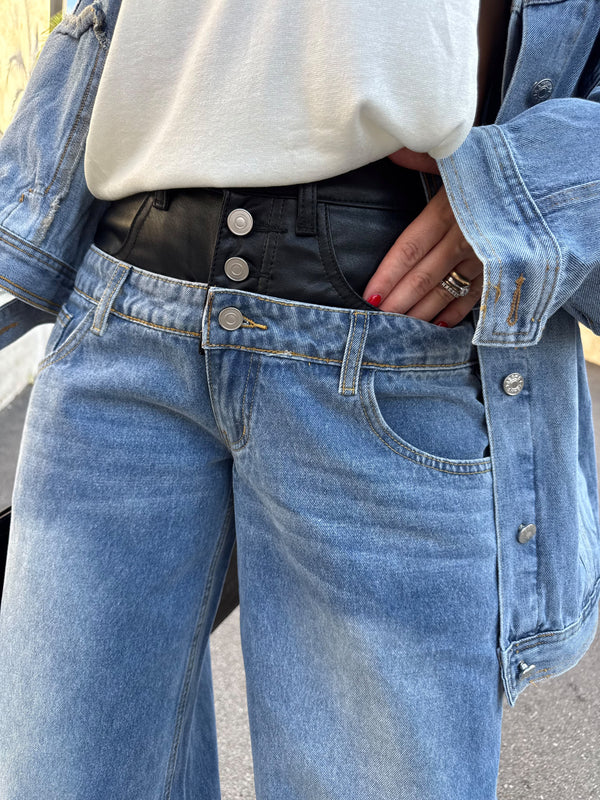 Jeans doppia vita in pelle