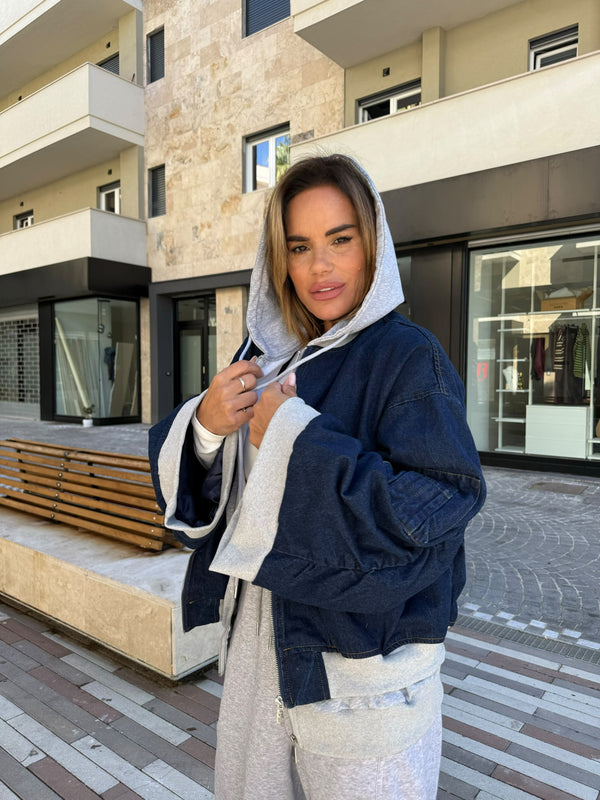 Bomber in denim con felpa