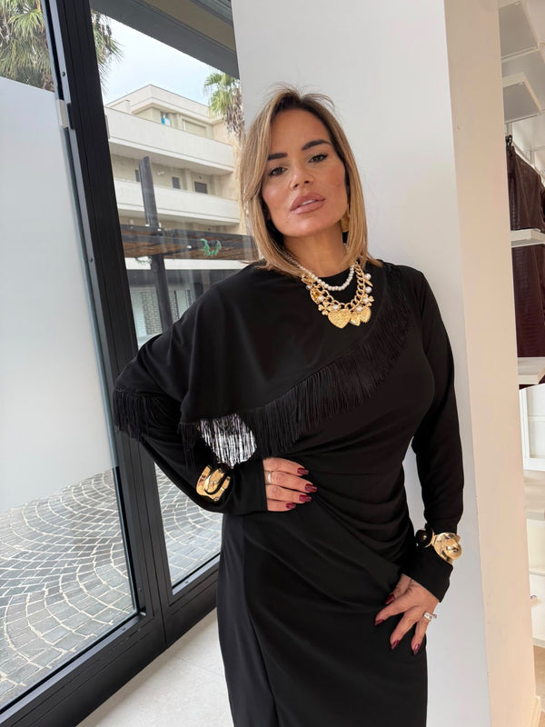 Abito midi con effetto mantella frange curvy