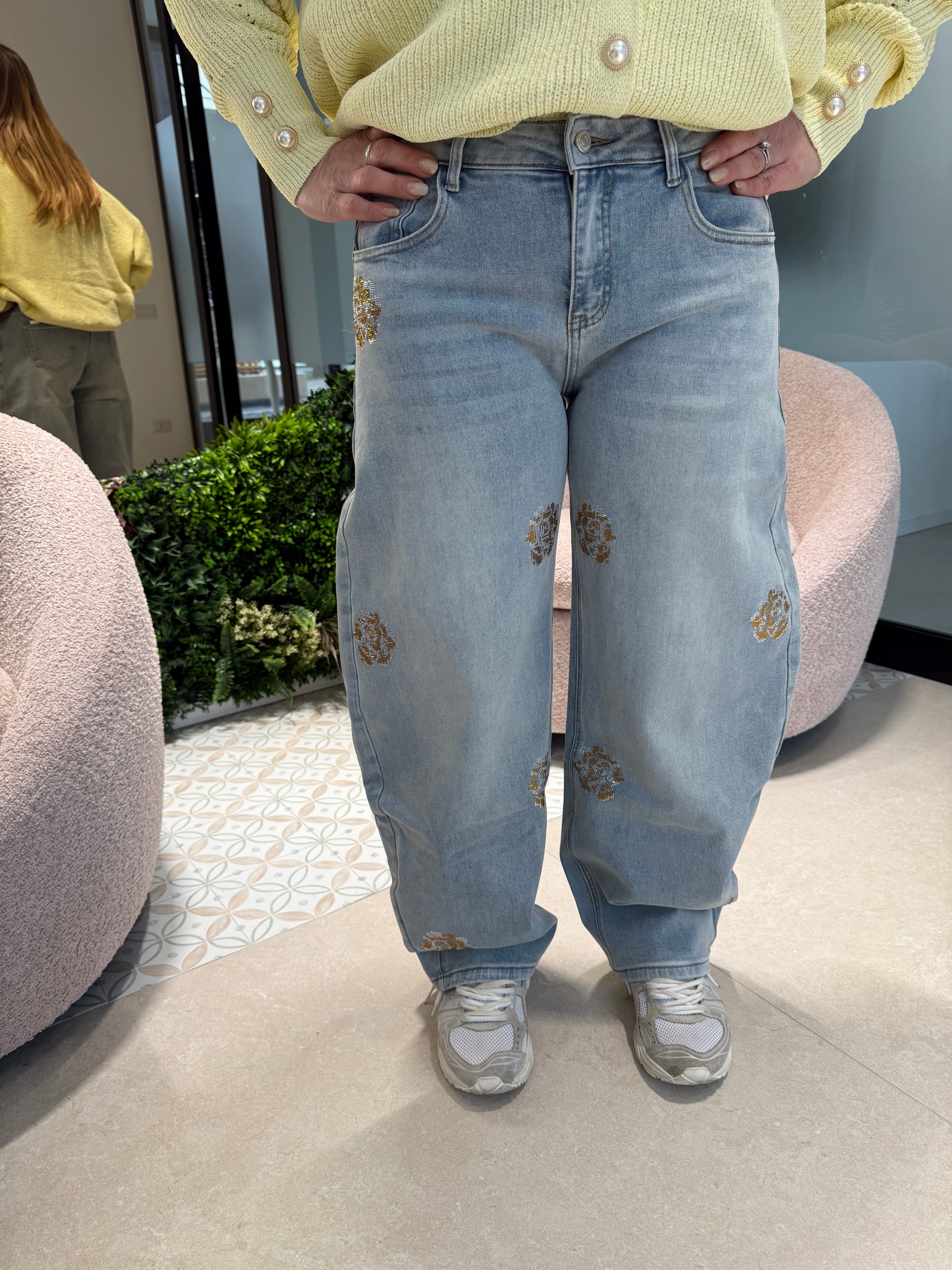 Jeans ballon fiore strass