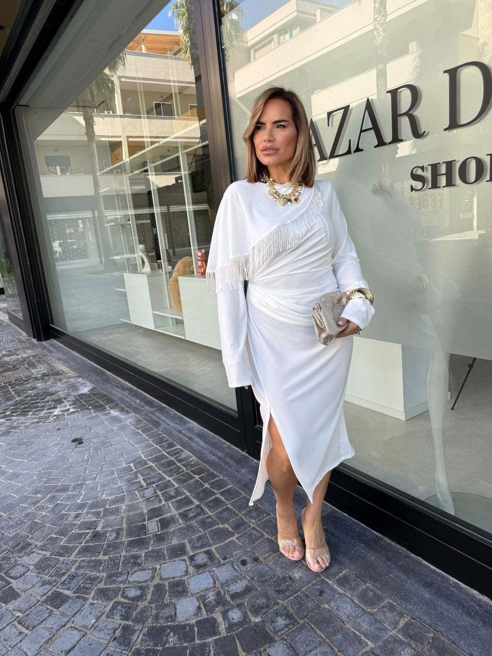 Abito midi con effetto mantella frange curvy