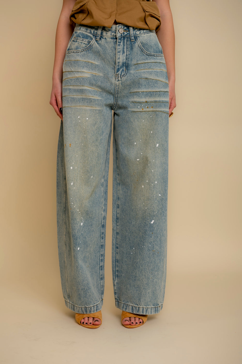 Jeans ballon sabbiato con schizzi white