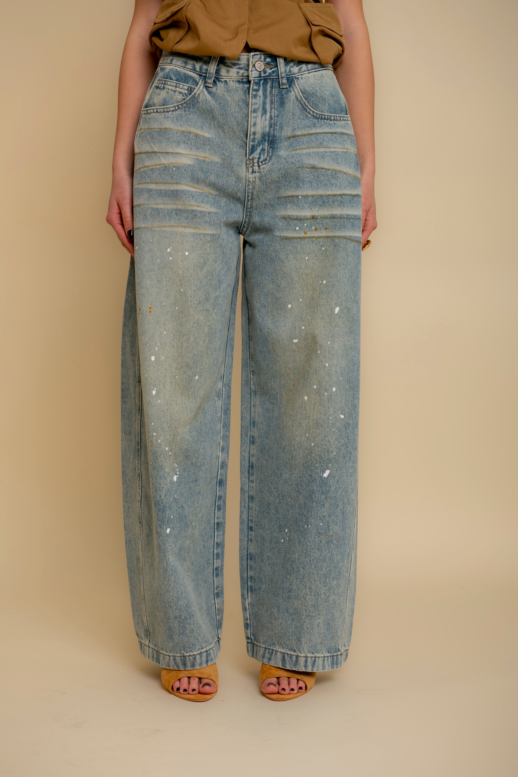 Jeans ballon sabbiato con schizzi white