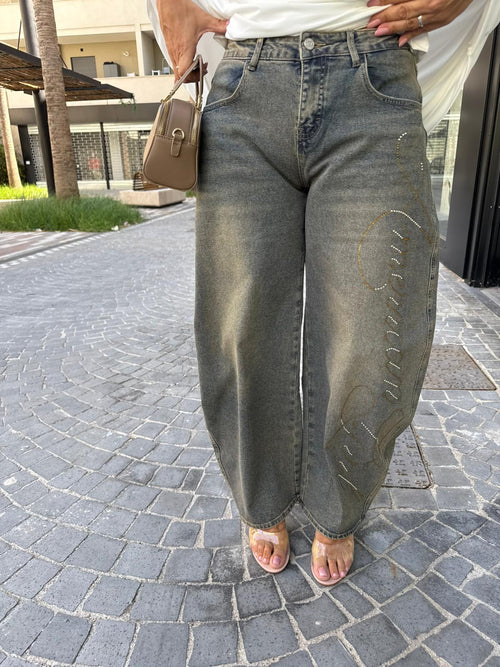 Jeans con scritta strass oro curvy