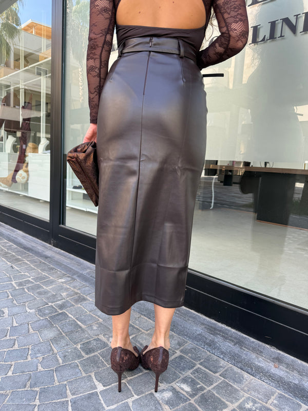 Gonna in ecopelle midi con cinturino