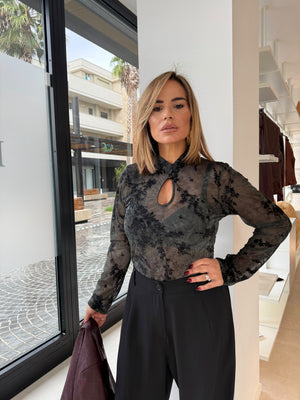 Maglia velata con scollo a goccia con bottone curvy