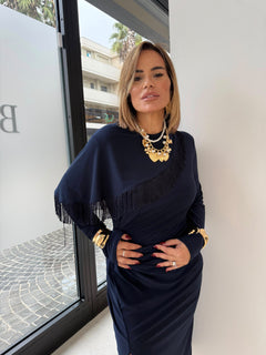 Abito midi con effetto mantella frange curvy