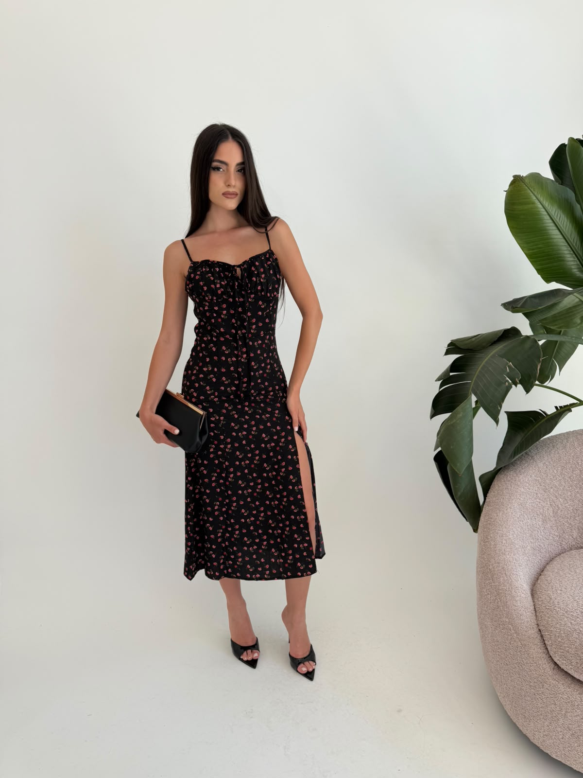 Abito midi floral nero