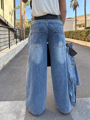 Jeans doppia vita in pelle