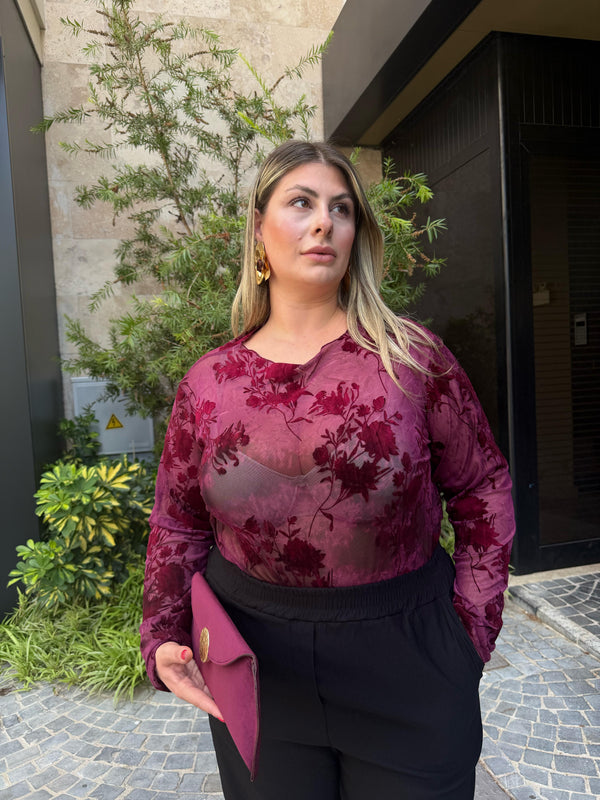 Body velato con ricami fiori curvy