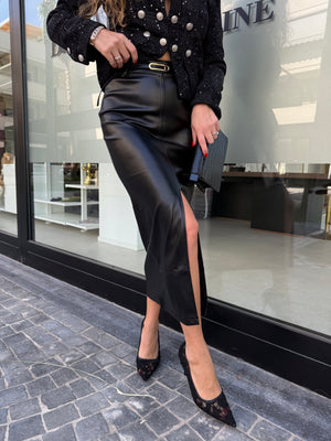 Gonna in ecopelle midi con cinturino