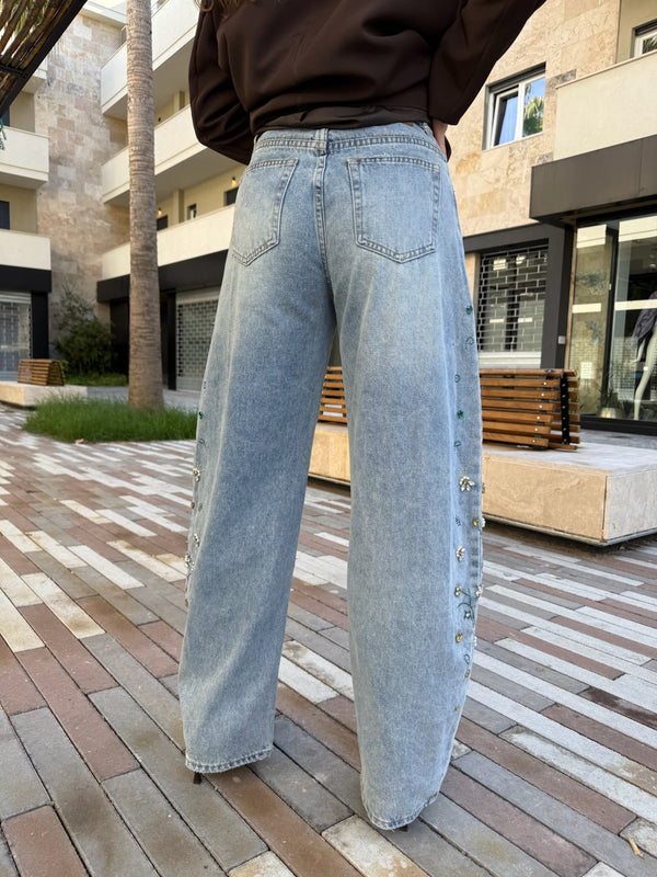Jeans fiori strass