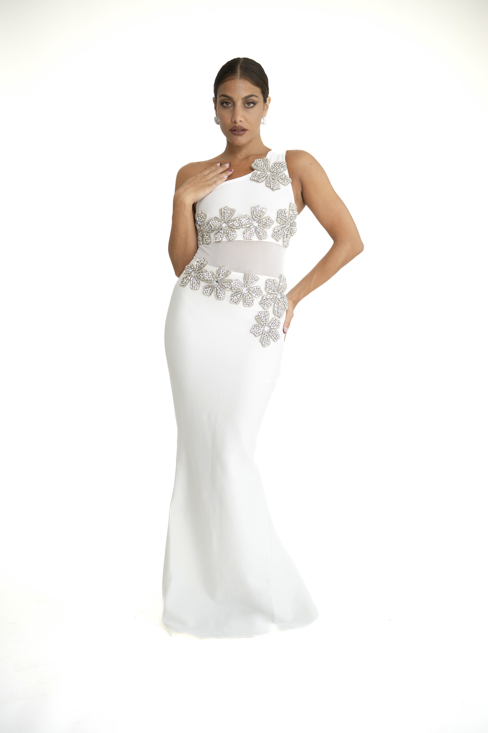 Abito bandage con fiori strass bianco
