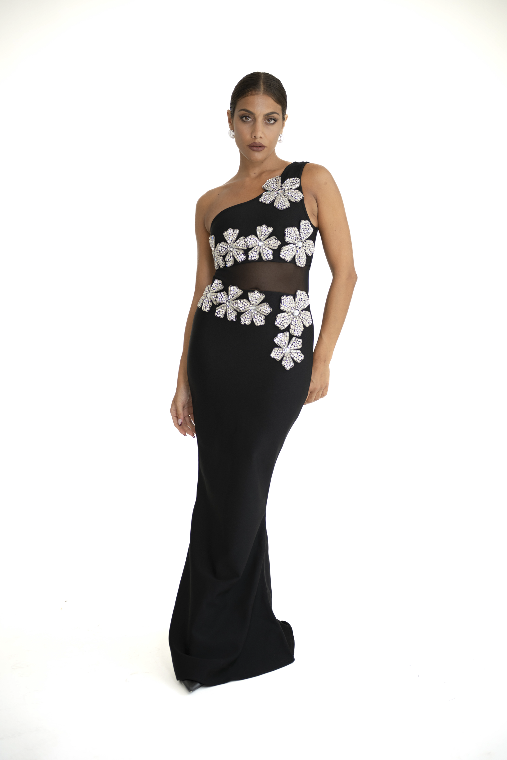 Abito bandage con fiori strass nero