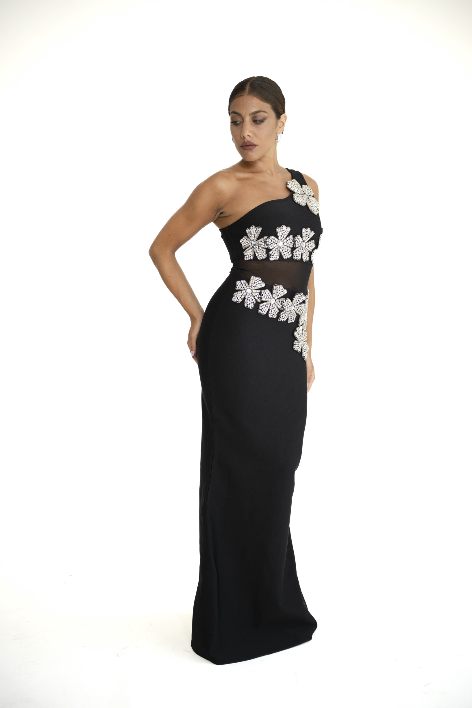 Abito bandage con fiori strass nero