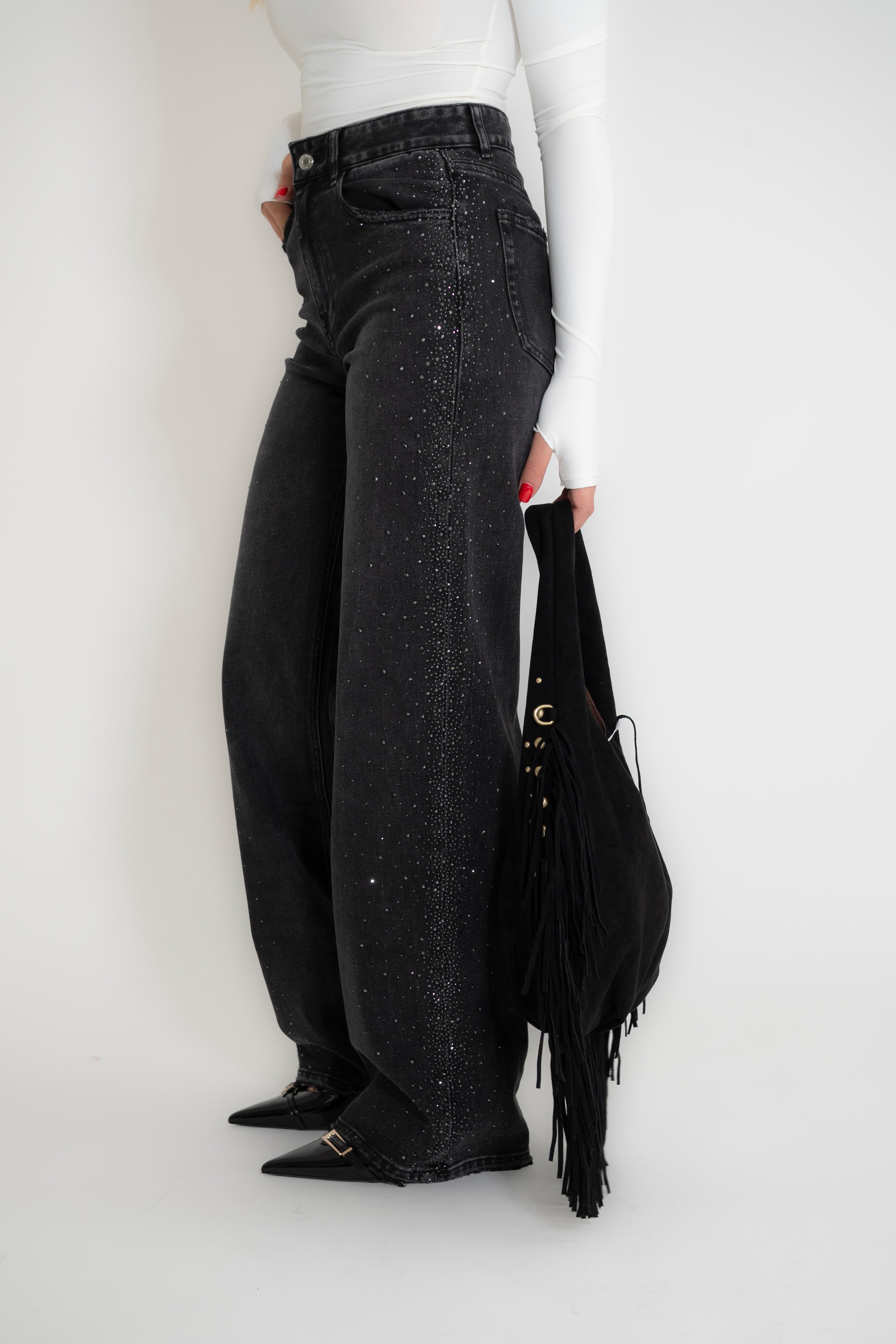 Jeans palazzo con strass black