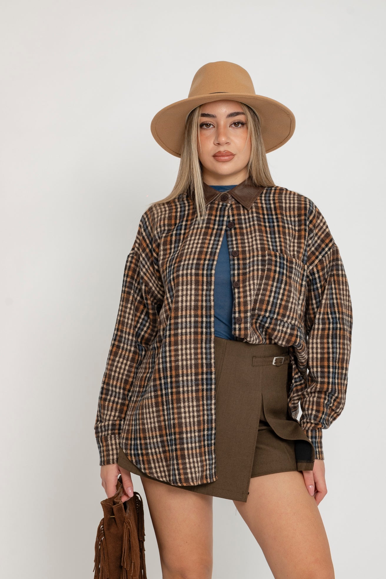 Camicia quadretti con colletto ecopelle