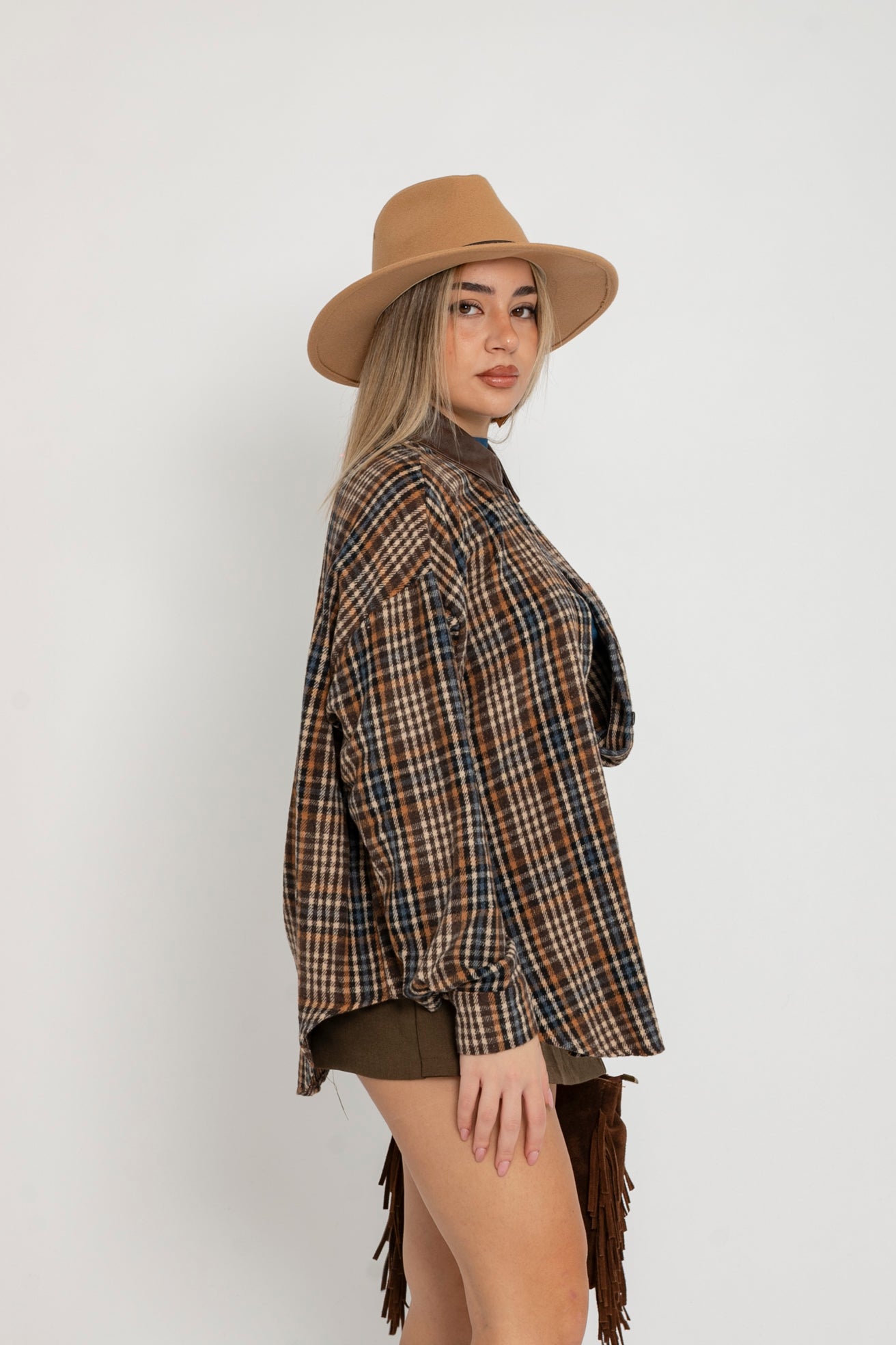 Camicia quadretti con colletto ecopelle