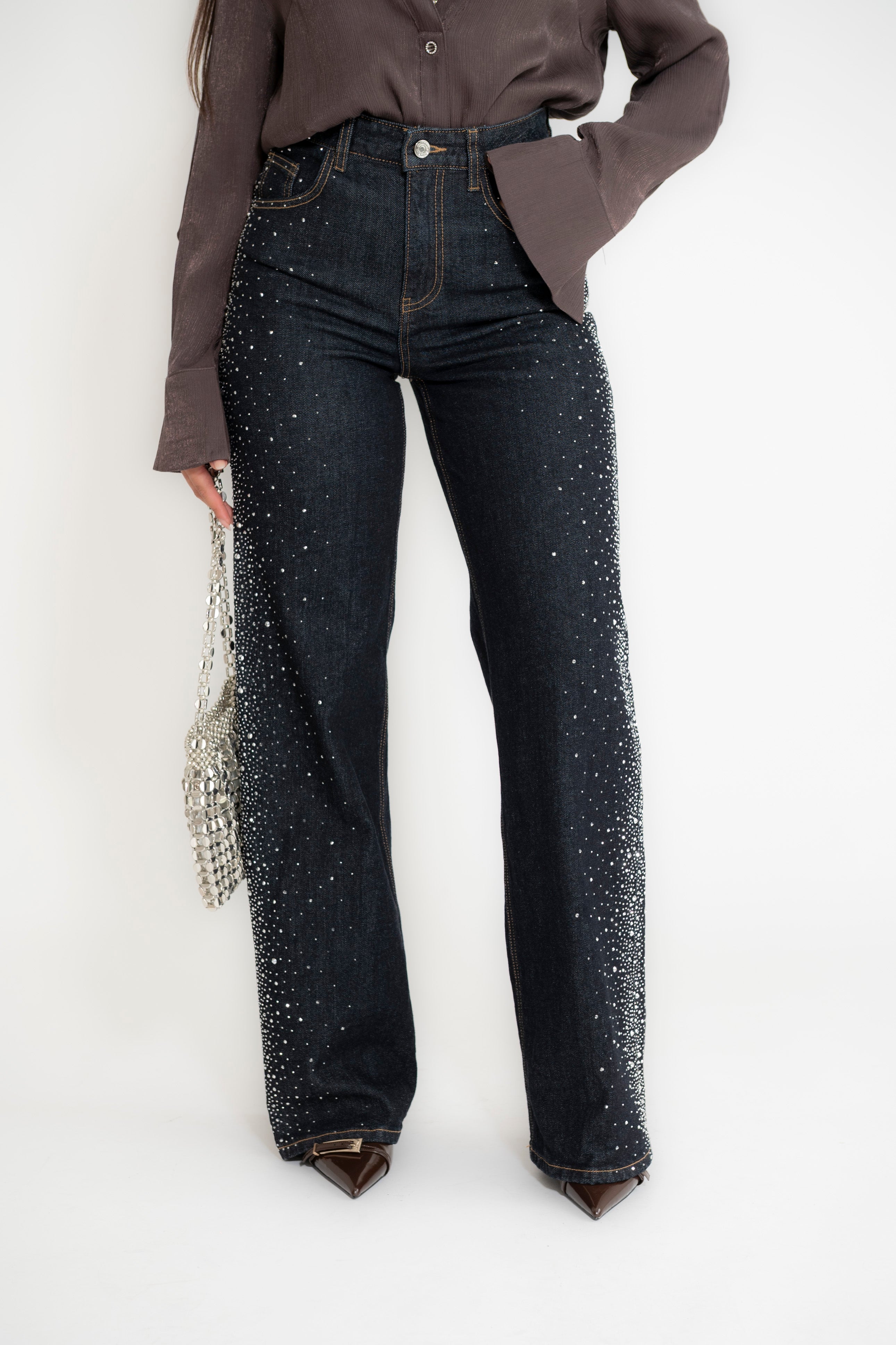 Jeans palazzo con strass