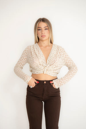 Maglia crop con micro fiori e dettaglio gold