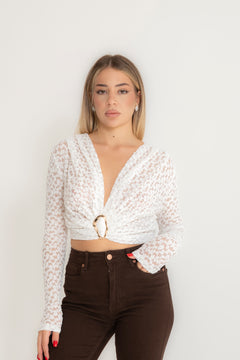 Maglia crop con micro fiori e dettaglio gold