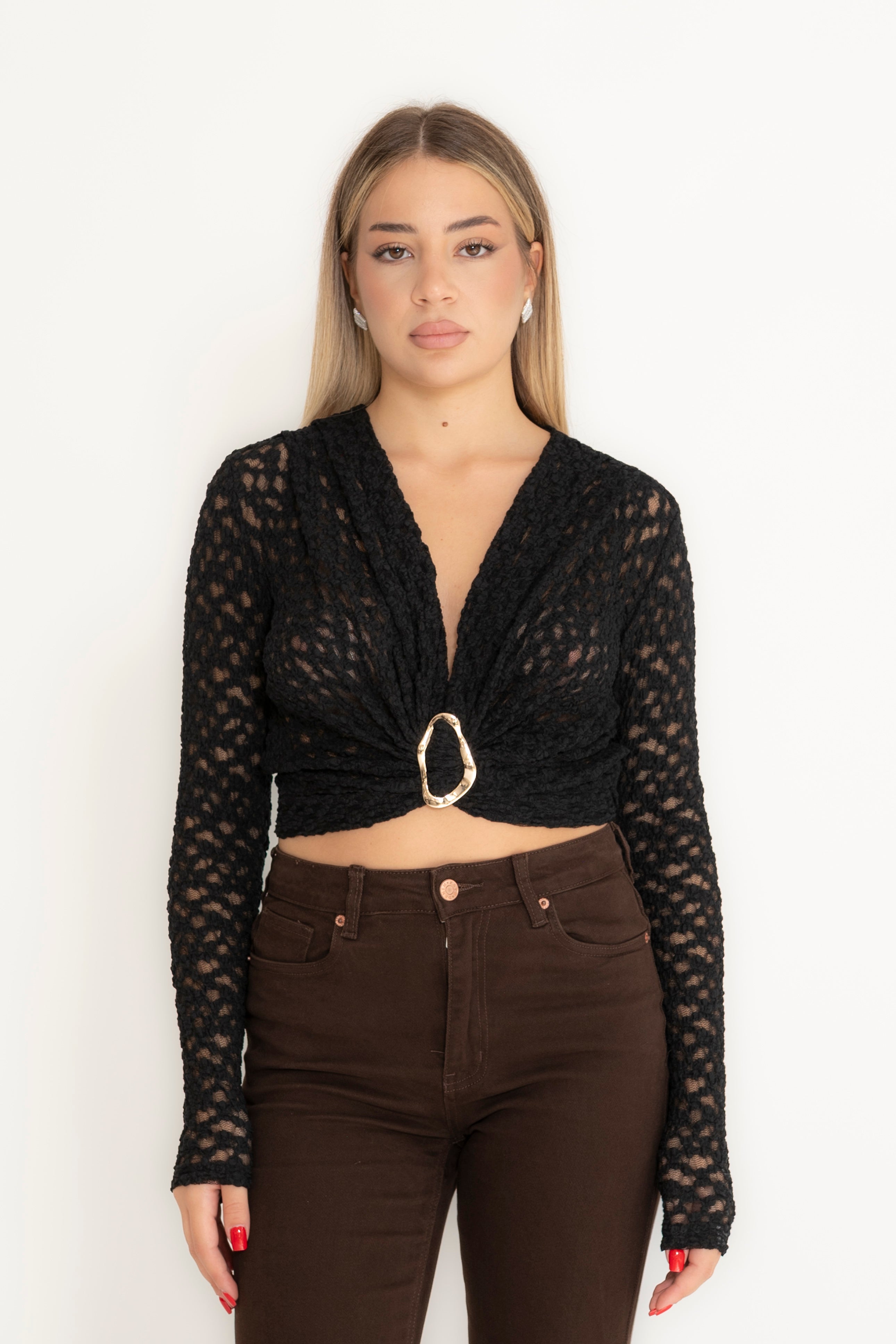 Maglia crop con micro fiori e dettaglio gold