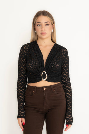 Maglia crop con micro fiori e dettaglio gold