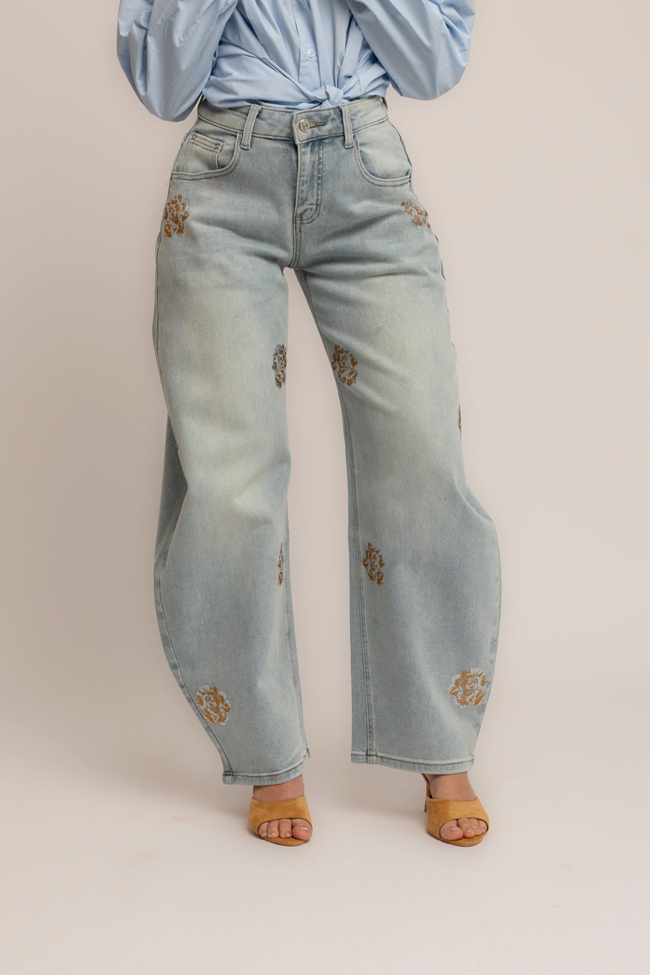 Jeans ballon fiore strass