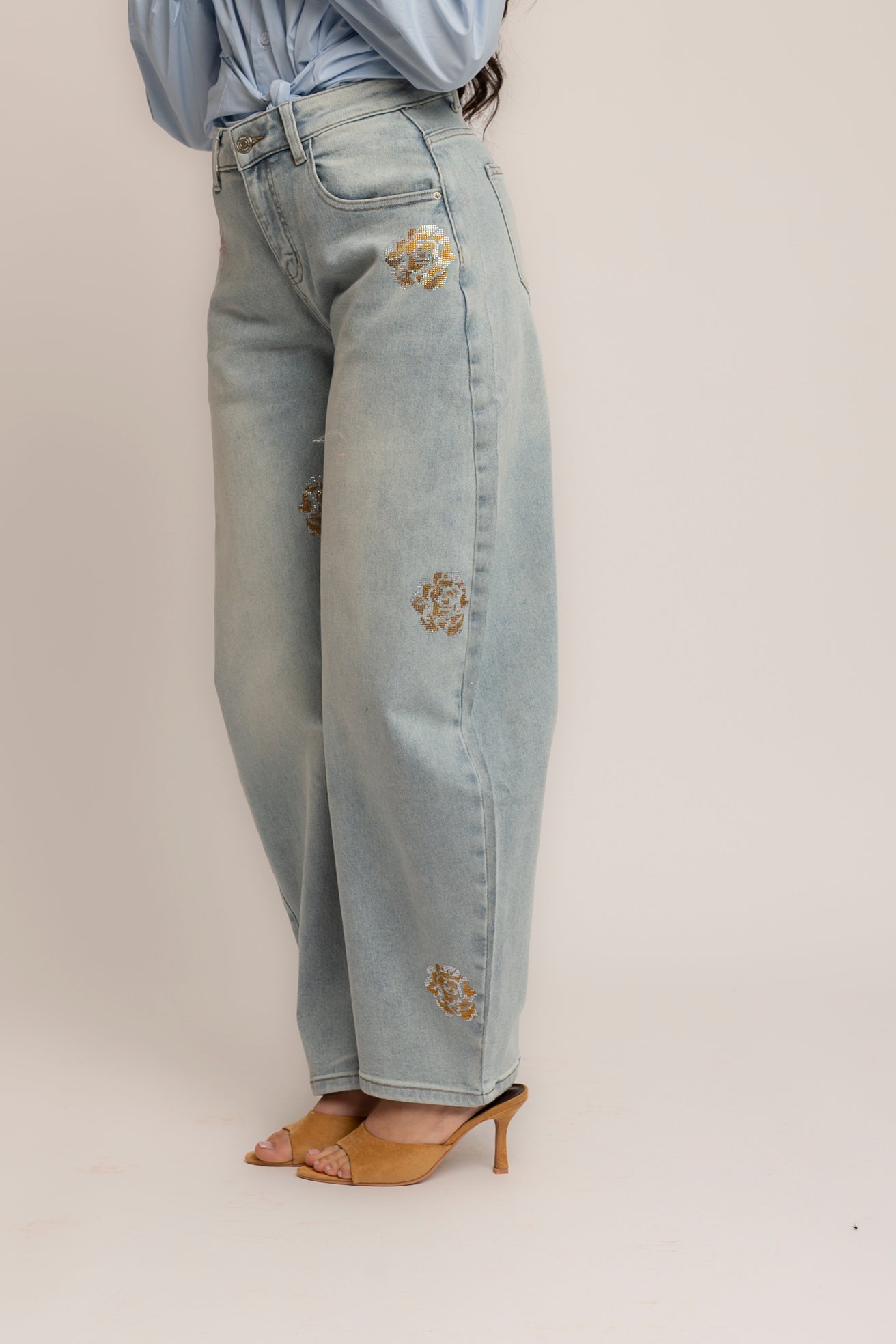 Jeans ballon fiore strass