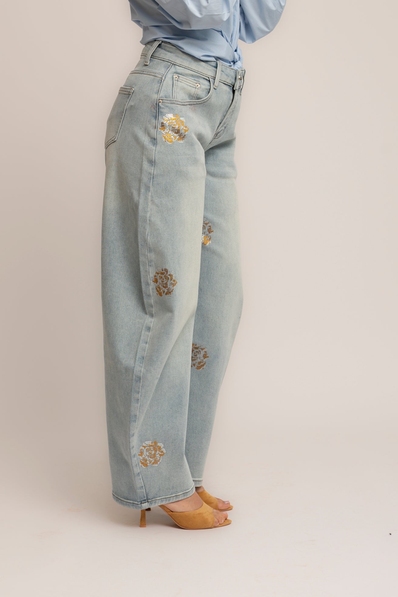 Jeans ballon fiore strass