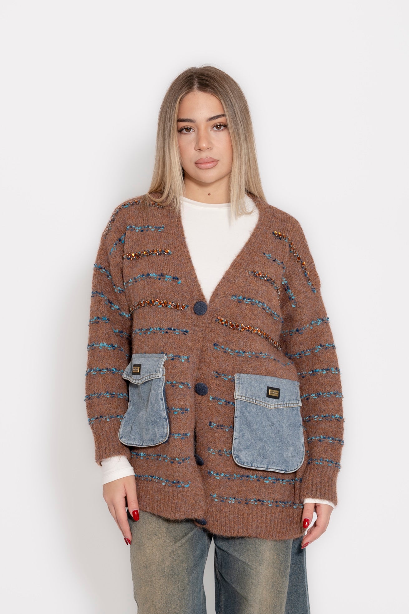Cardigan in lana con tasche denim