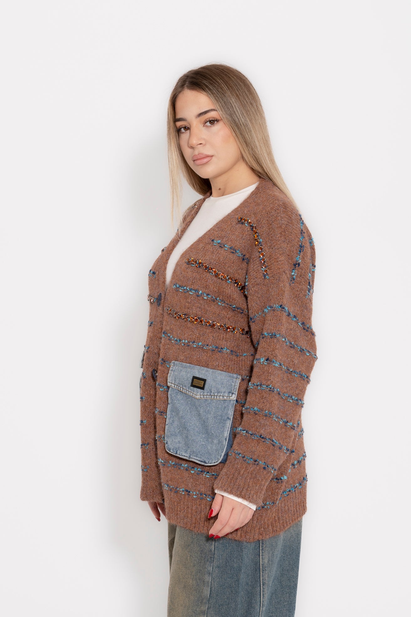 Cardigan in lana con tasche denim