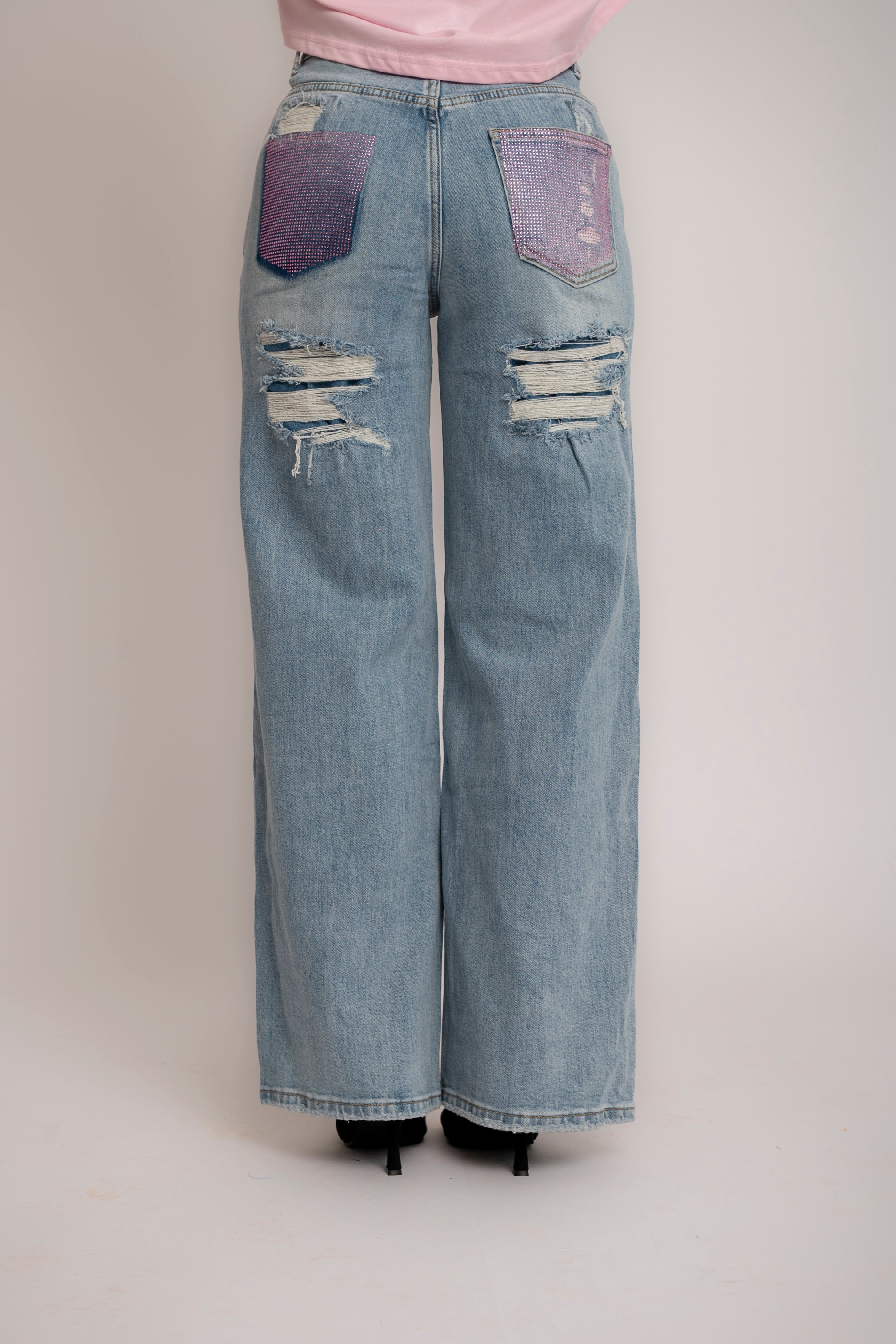 Jeans con tasca strass pink