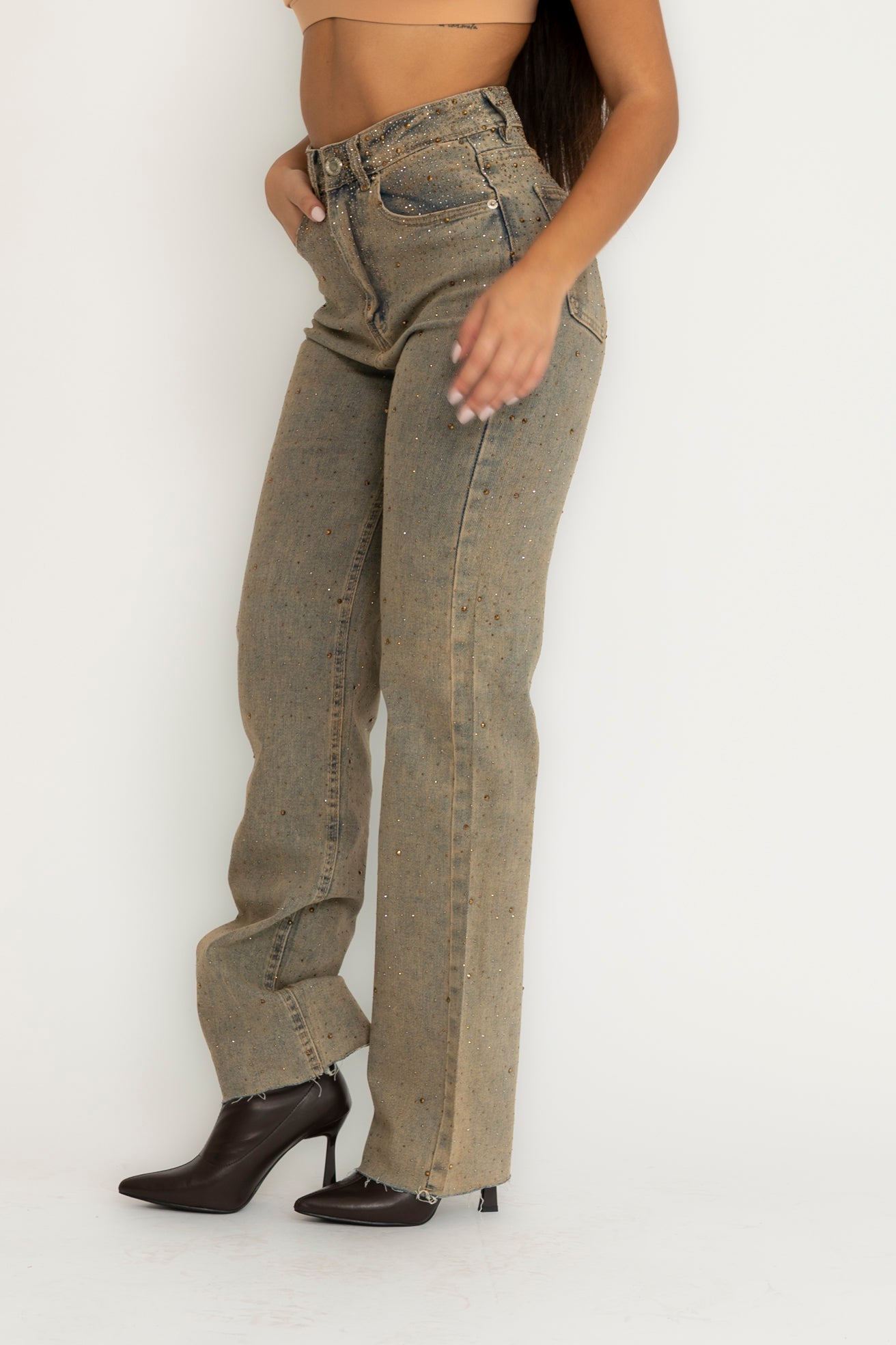 Jeans sabbiato con strass gold