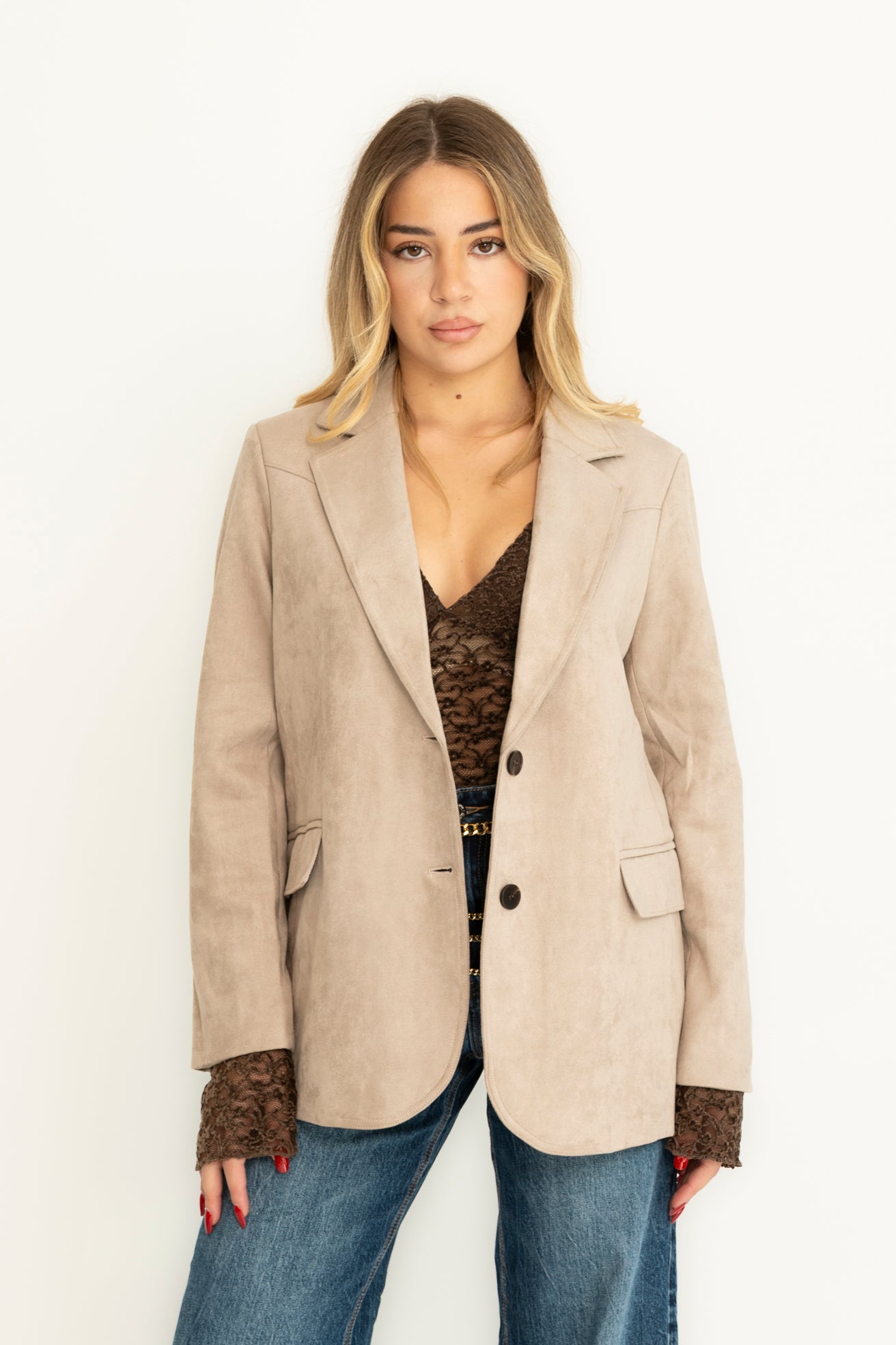 Giacca oversize in camoscio beige