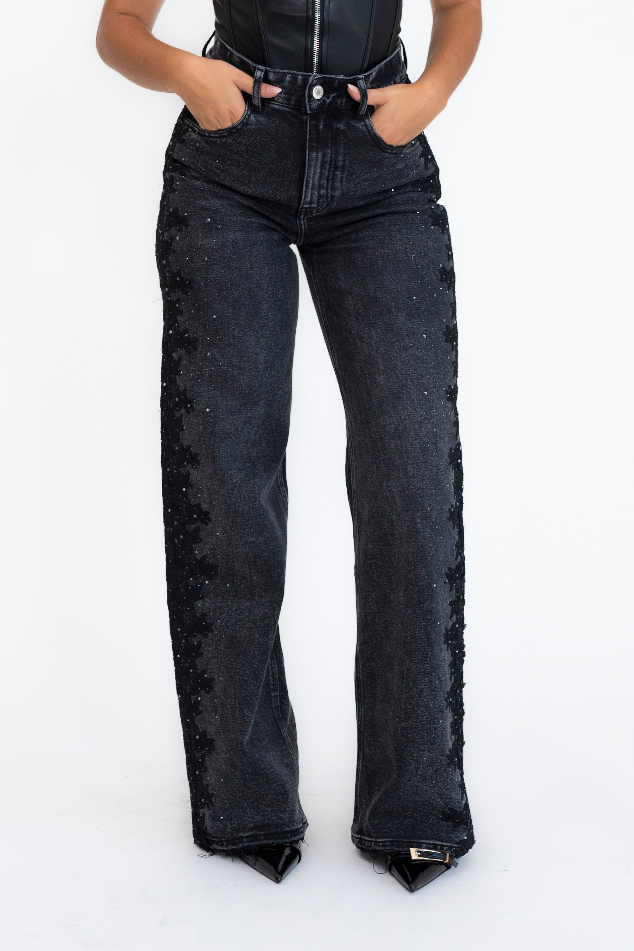 Jeans merletto e strass slim