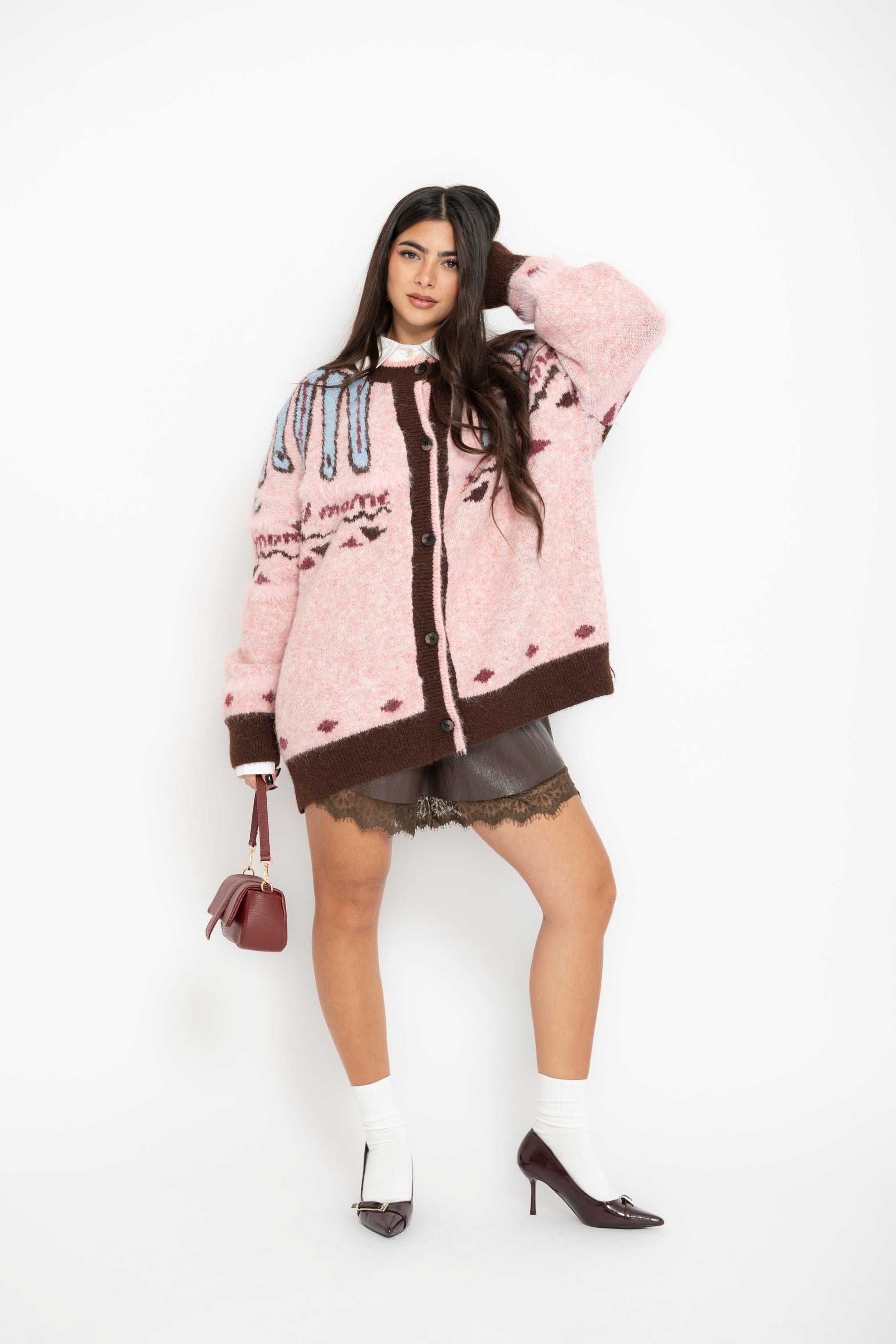 Cardigan maxi brown&pink