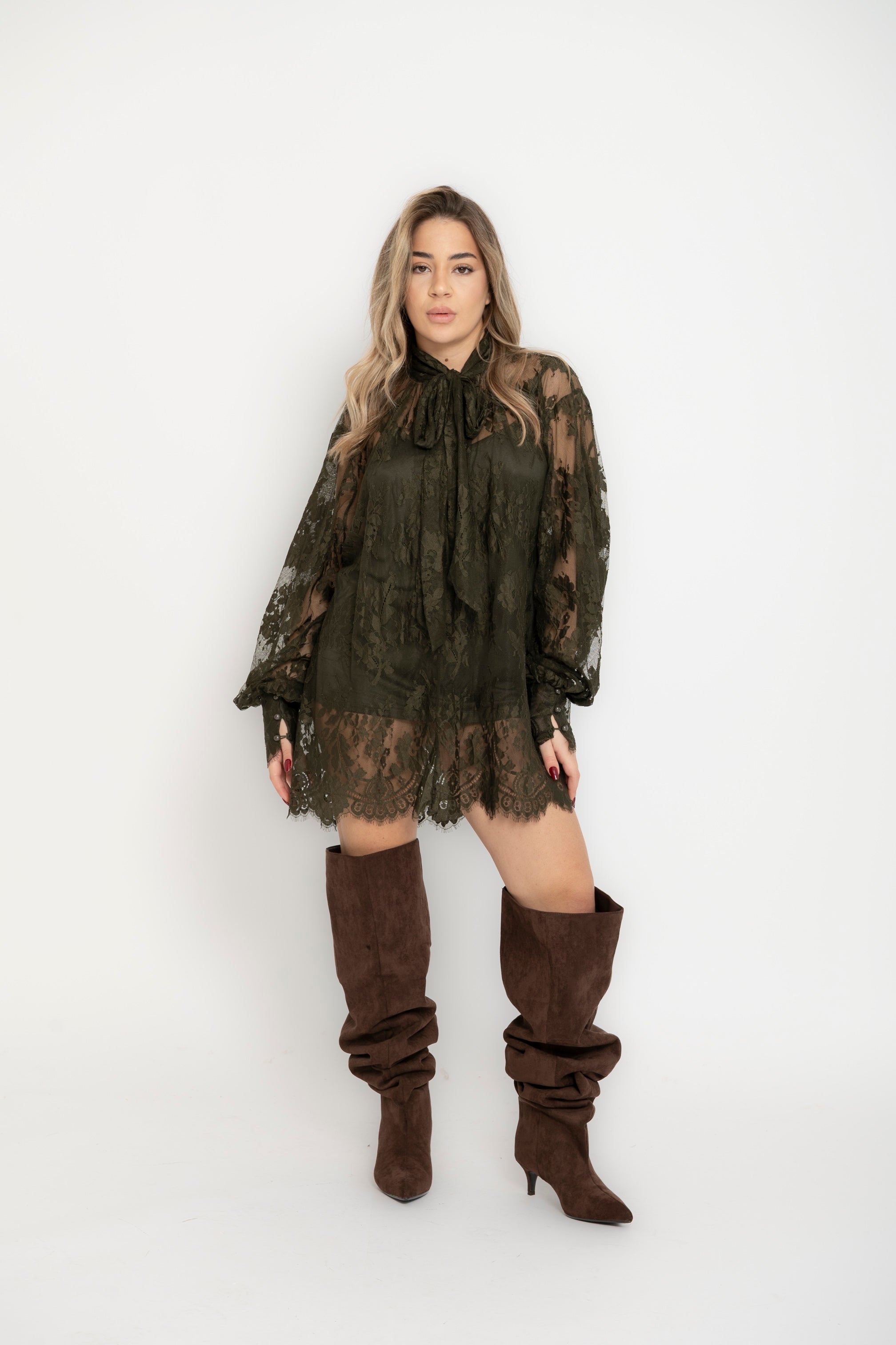 Maxi camicia merletto con fiocco