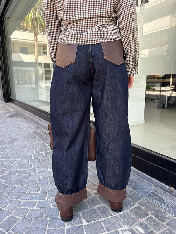Jeans balloon dettagli in pelle