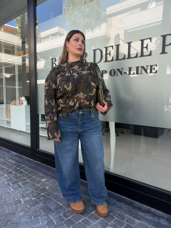 Jeans ballon chiaro tasca in pelle