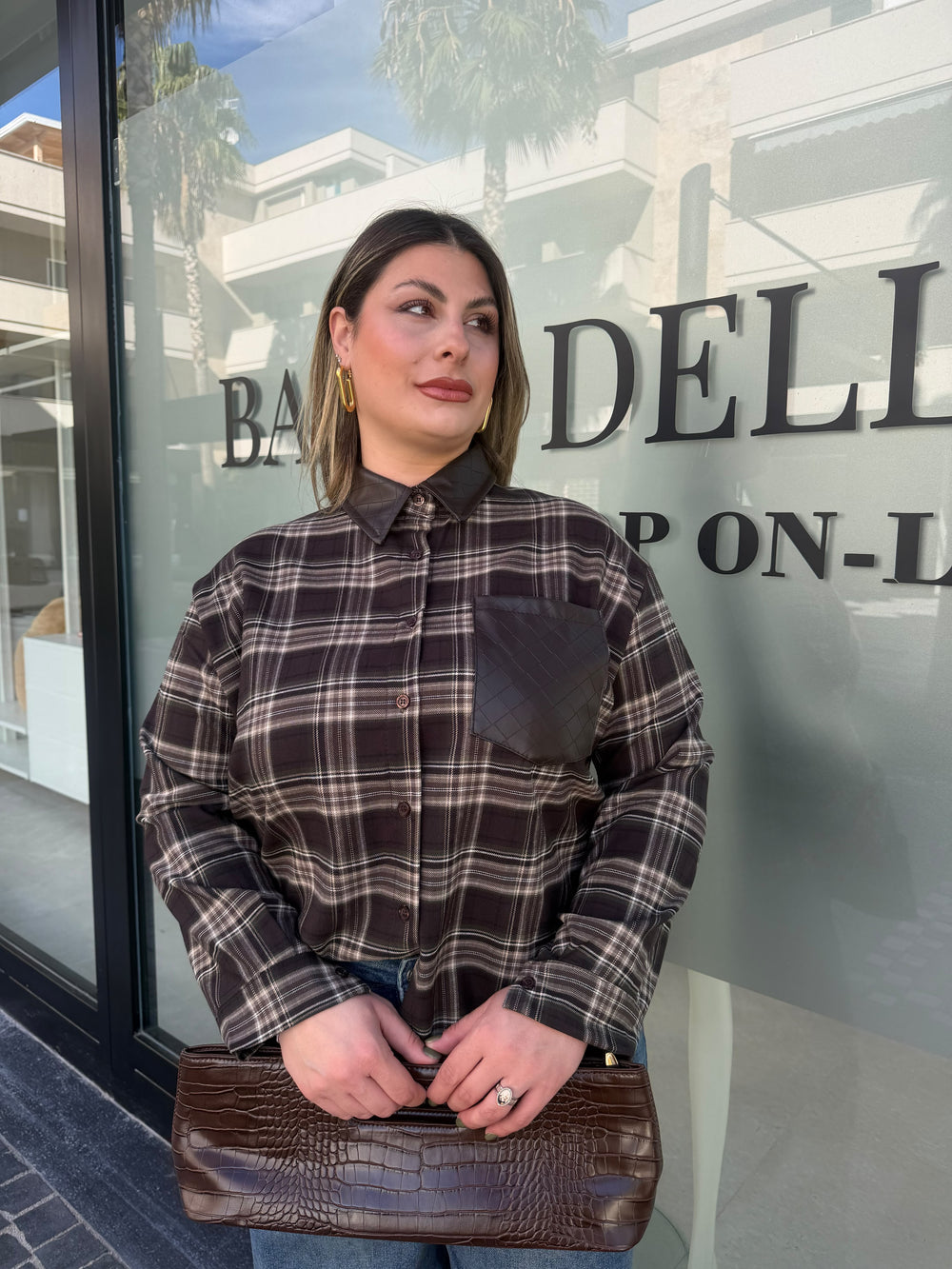 Camicia  a quadri con taschino in pelle curvy