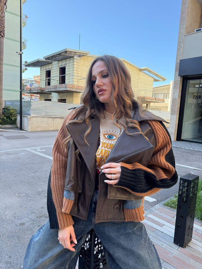 Trench corto in ecopelle e lana