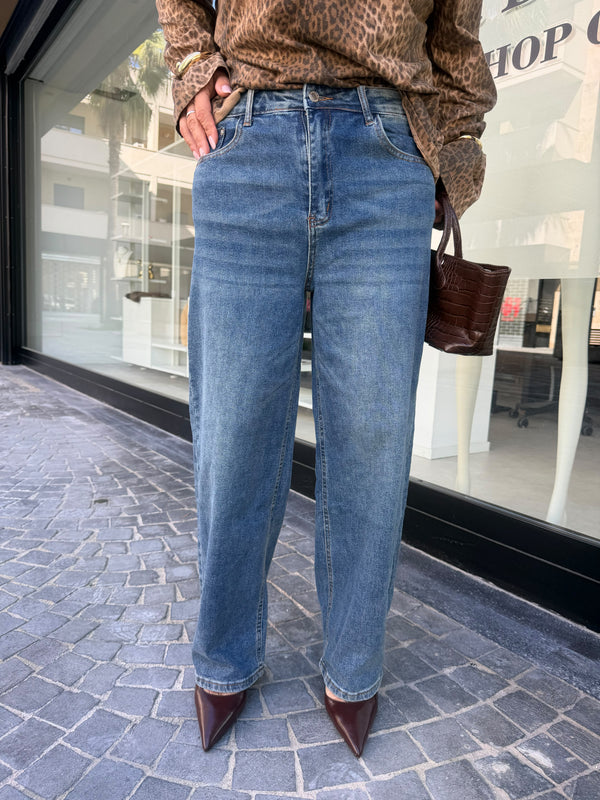 Jeans ballon chiaro tasca in pelle