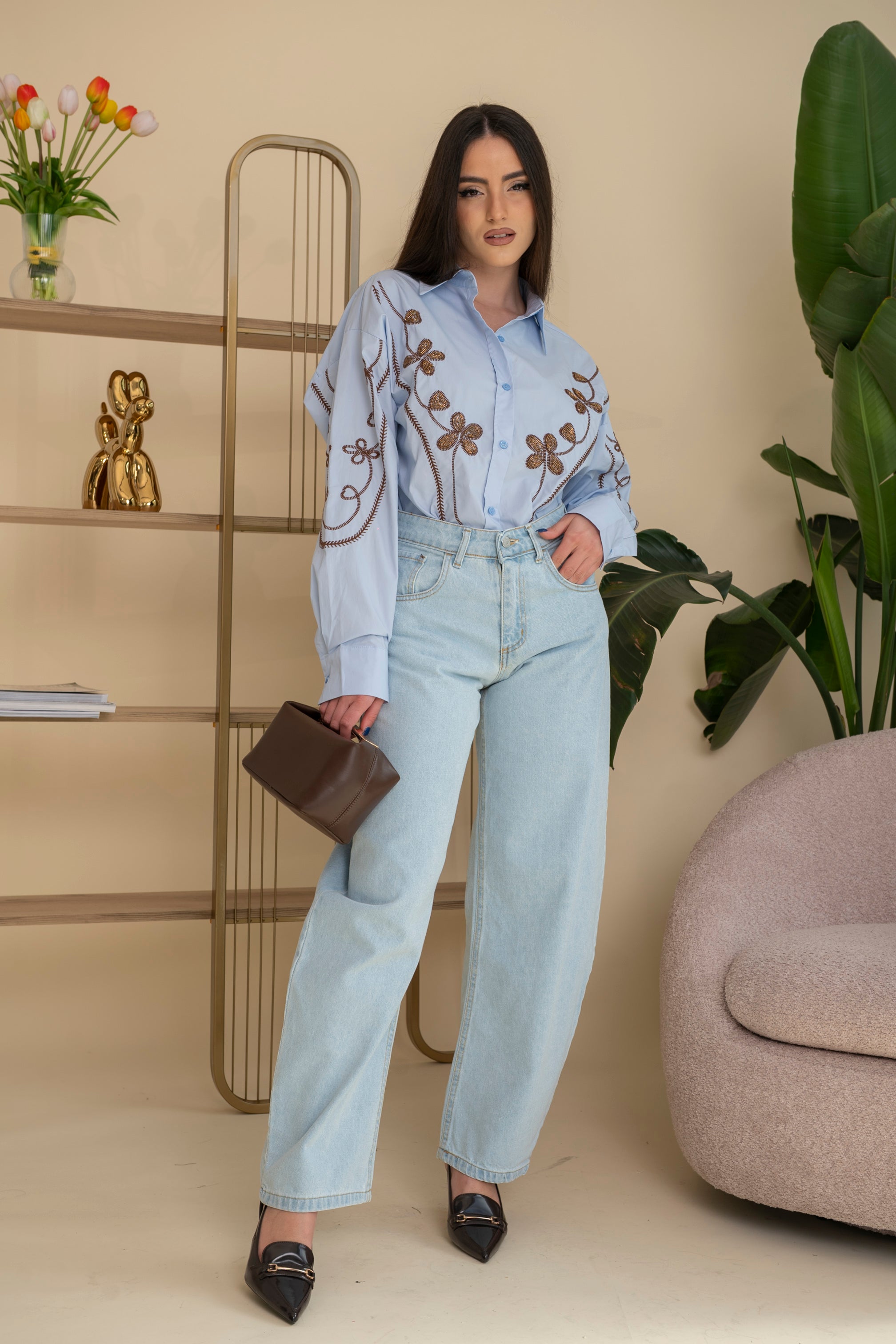 Camicia fiori perline brown